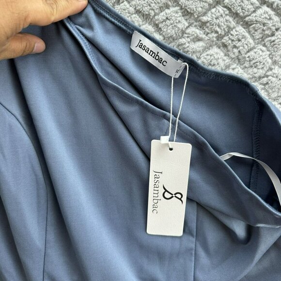 Jasambac One-Shoulder Cocktail Dress‎ Blue Size XL Knee length Bow - Picture 2 of 11